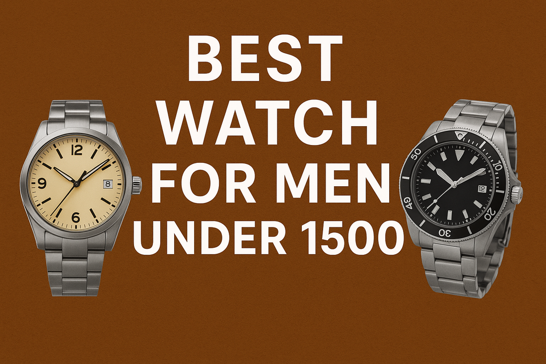 "Stylish men's wristwatches under ₹1500 displayed on a wooden surface, showcasing affordable and trendy designs."