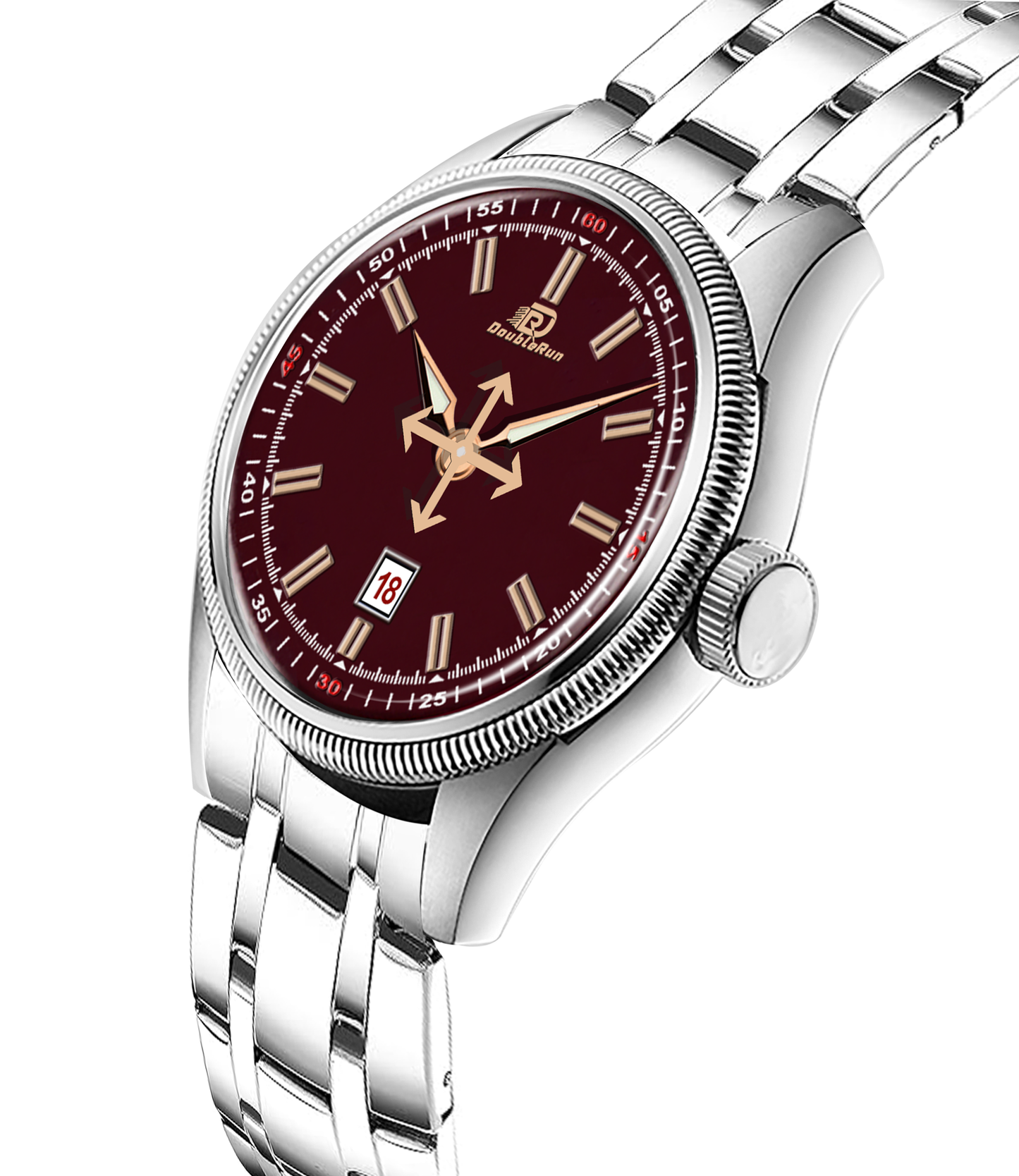Double Run Classic Maroon Dial Men's Analog Watch with Date Display & Stainless Steel Strap