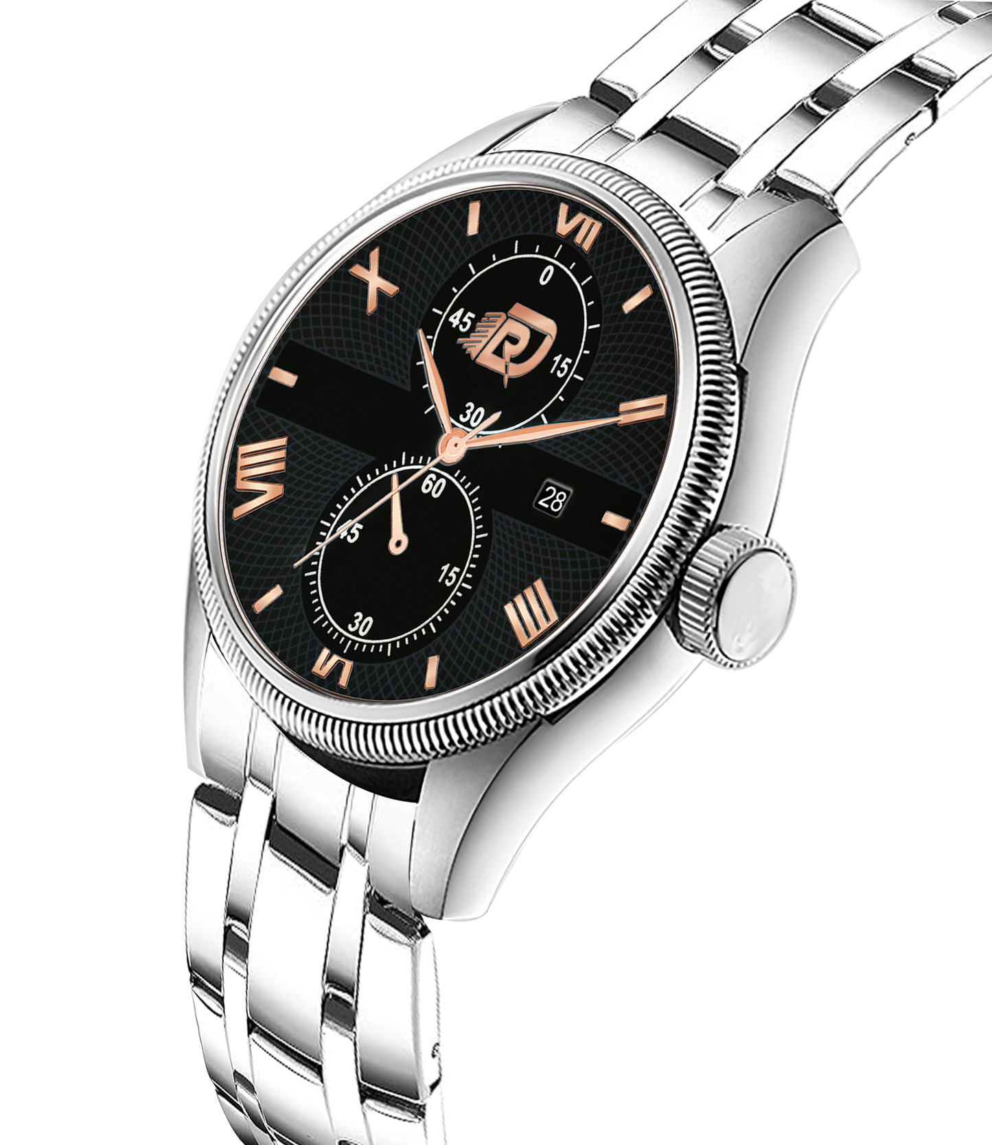 Stylish Black Dial Stainless Steel Watch featuring silver case, polished bracelet, quartz movement, rose gold hands, and luxury design for men.