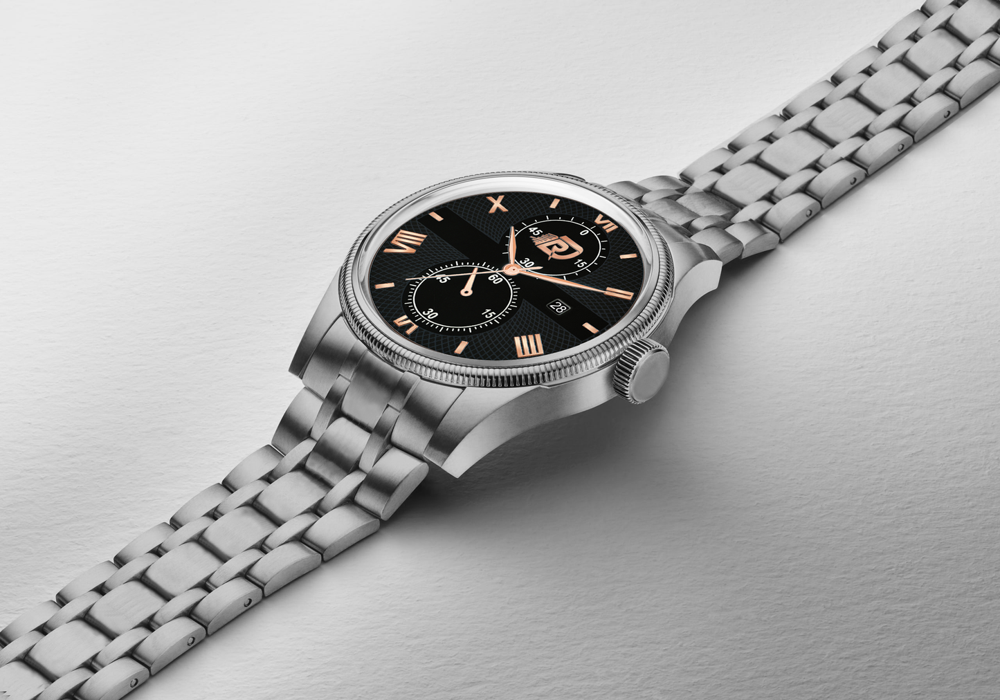 Elegant Black Dial Stainless Steel Watch with silver bracelet, rose gold Roman numerals, sub-dials, and date display – premium men’s wristwatch.