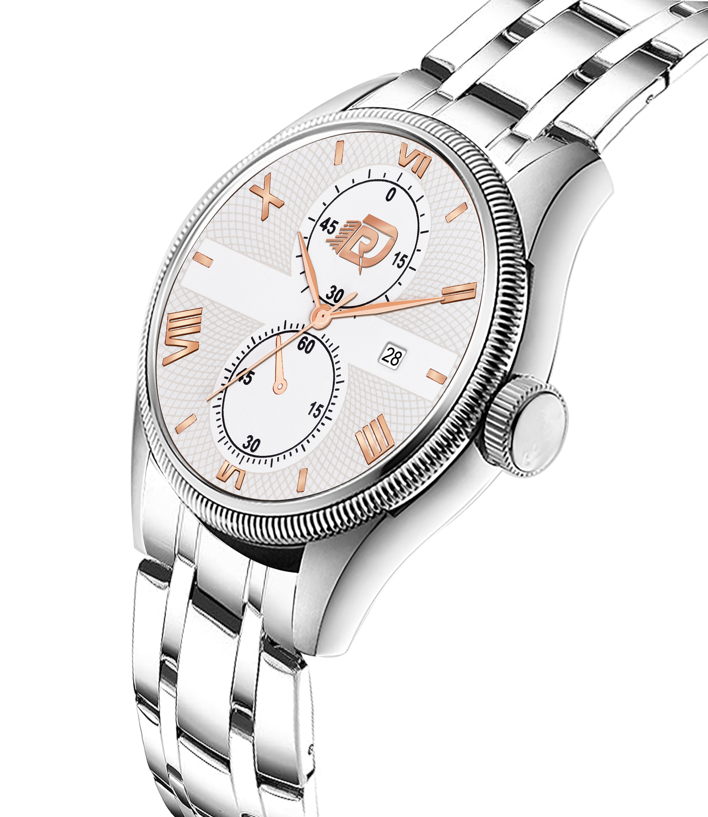 DoubleRun white dial silver stainless steel strap watch with rose gold Roman numerals, multi-function sub-dials, and date display