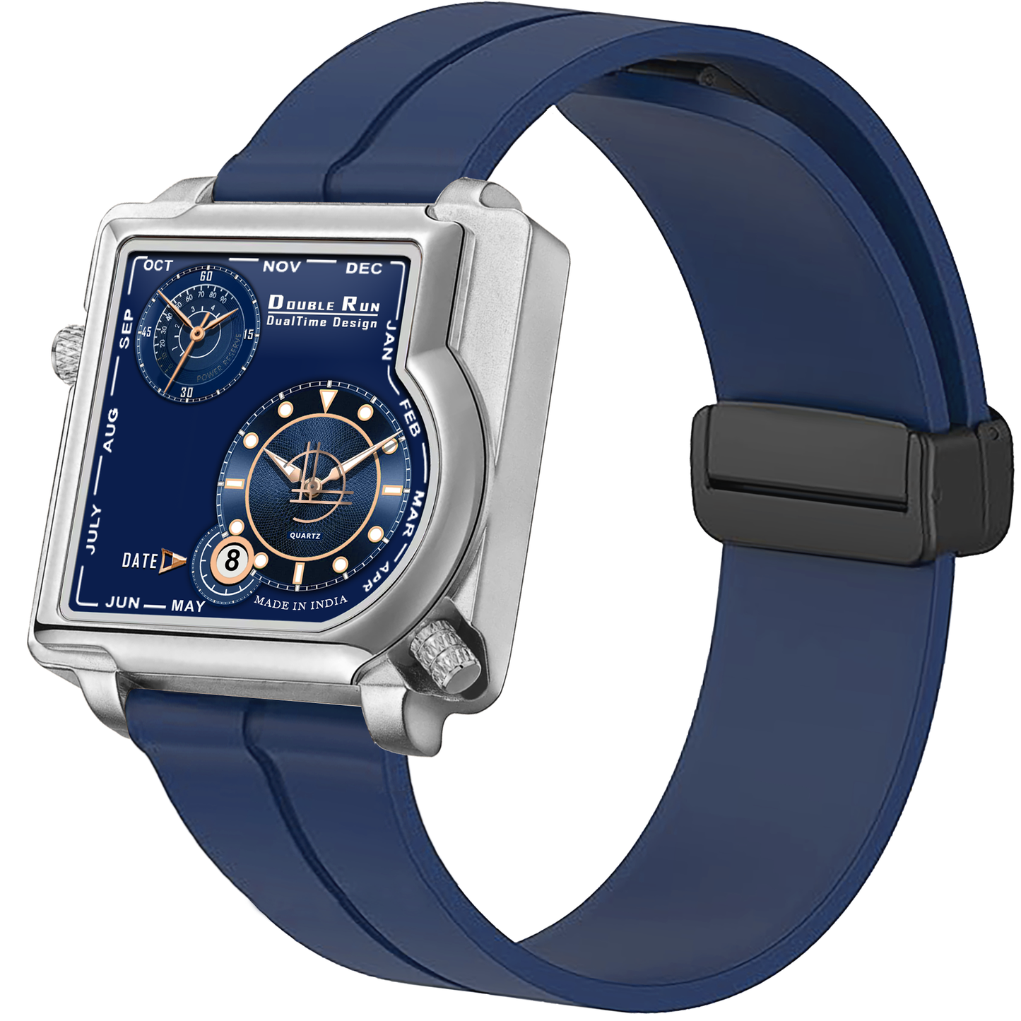 Double Run men’s watch with stainless steel back and blue silicone strap, genuine quality product.