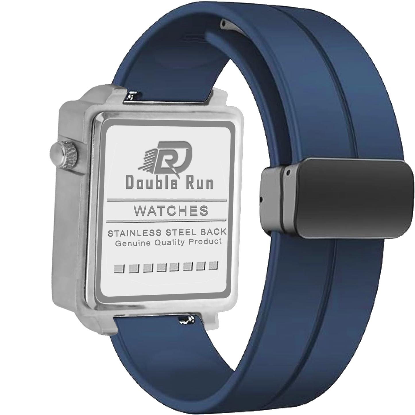 Double Run men’s watch with stainless steel back and blue silicone strap, genuine quality product.