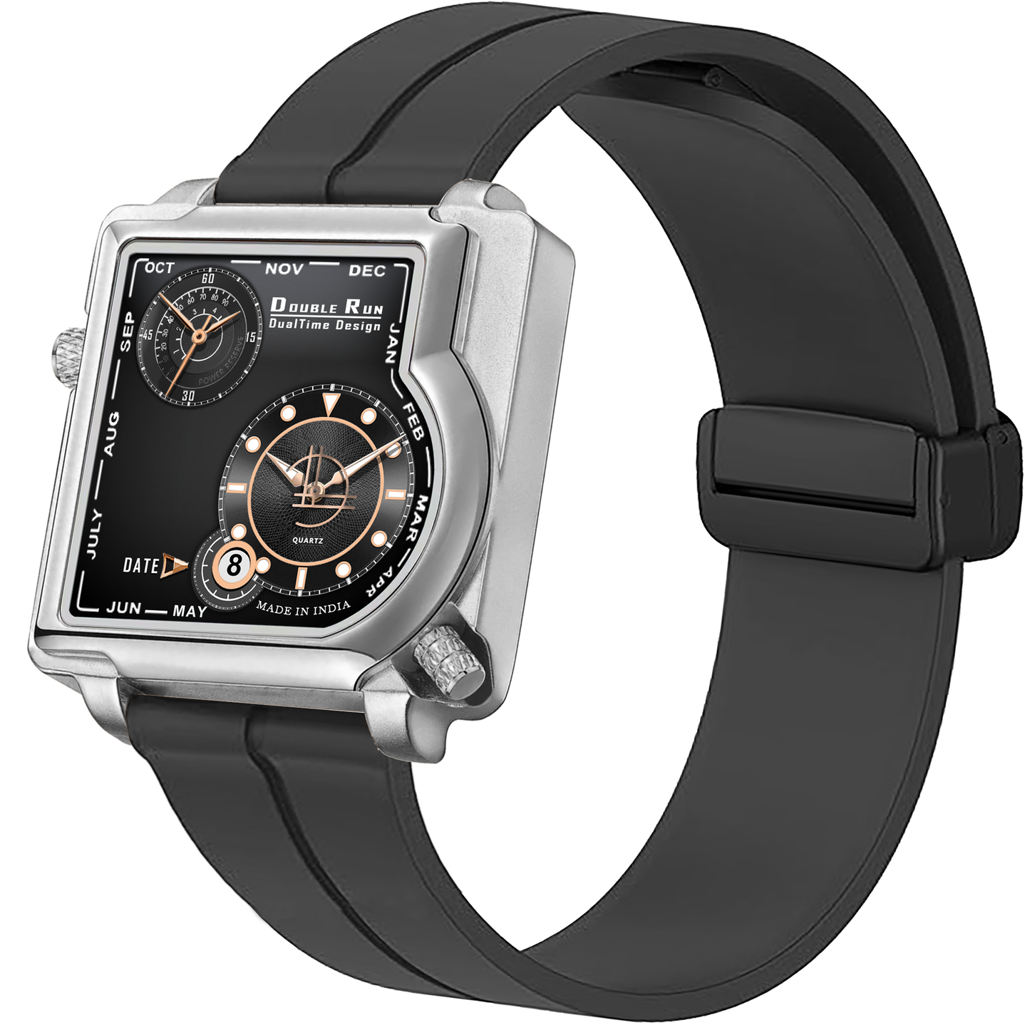 "Double Run DualTime Square Dial Men's Analog Wristwatch with Black Strap, Dual Time Display, Date Feature, and Power Reserve."