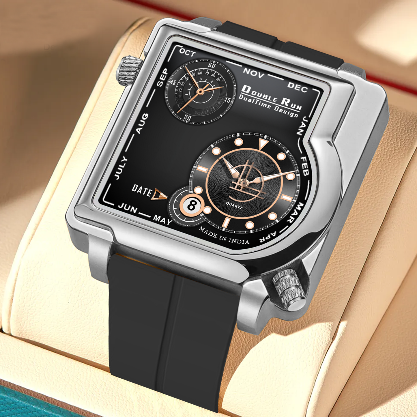 Double Run DualTime Square Dial Men's Analog Watch with Black Strap, Dual Time Display, Calendar, and Power Reserve – Made in India.