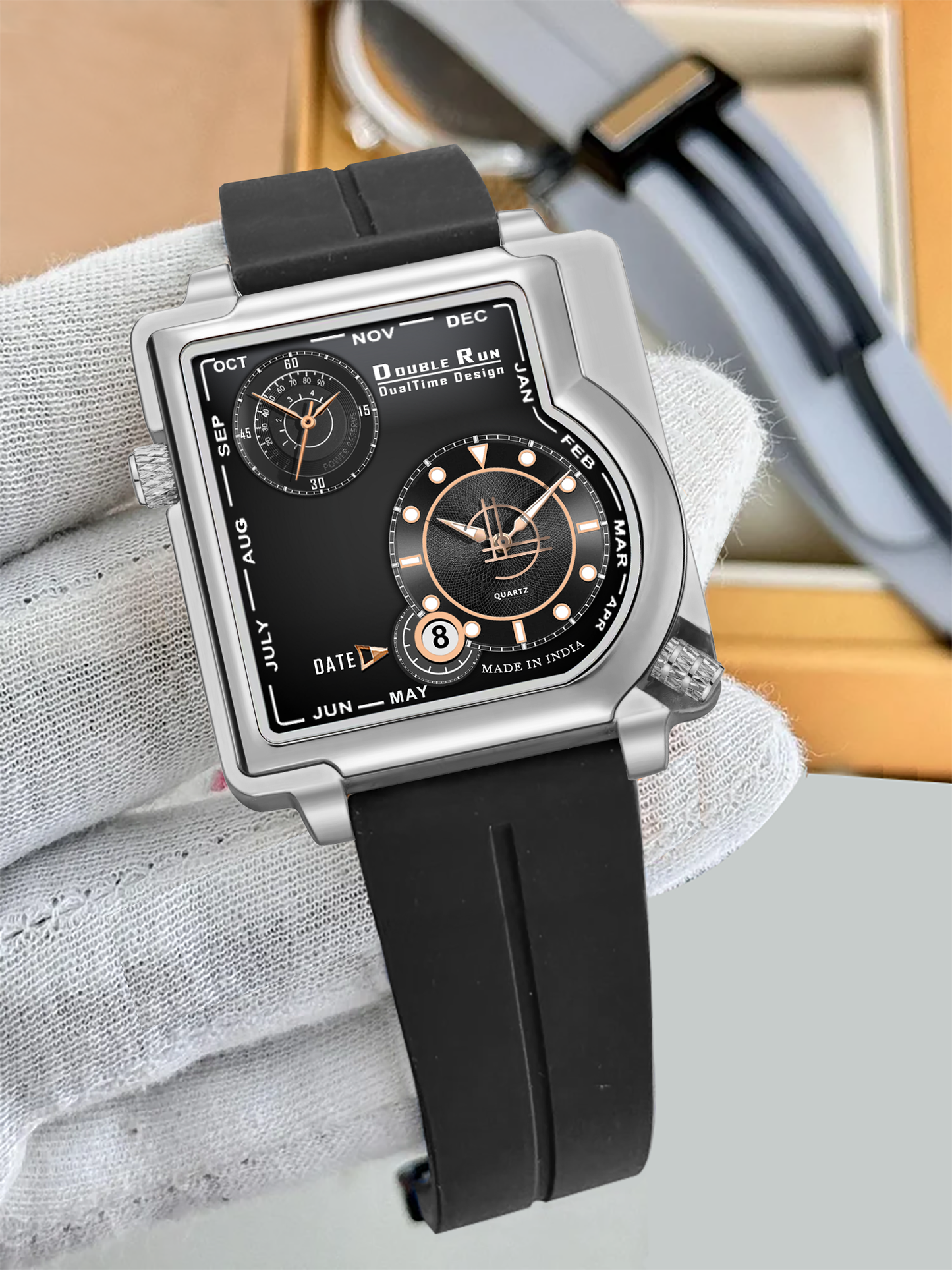 "Double Run DualTime Square Dial Men's Analog Wristwatch with Black Strap, Dual Time Display, Date Feature, and Power Reserve."