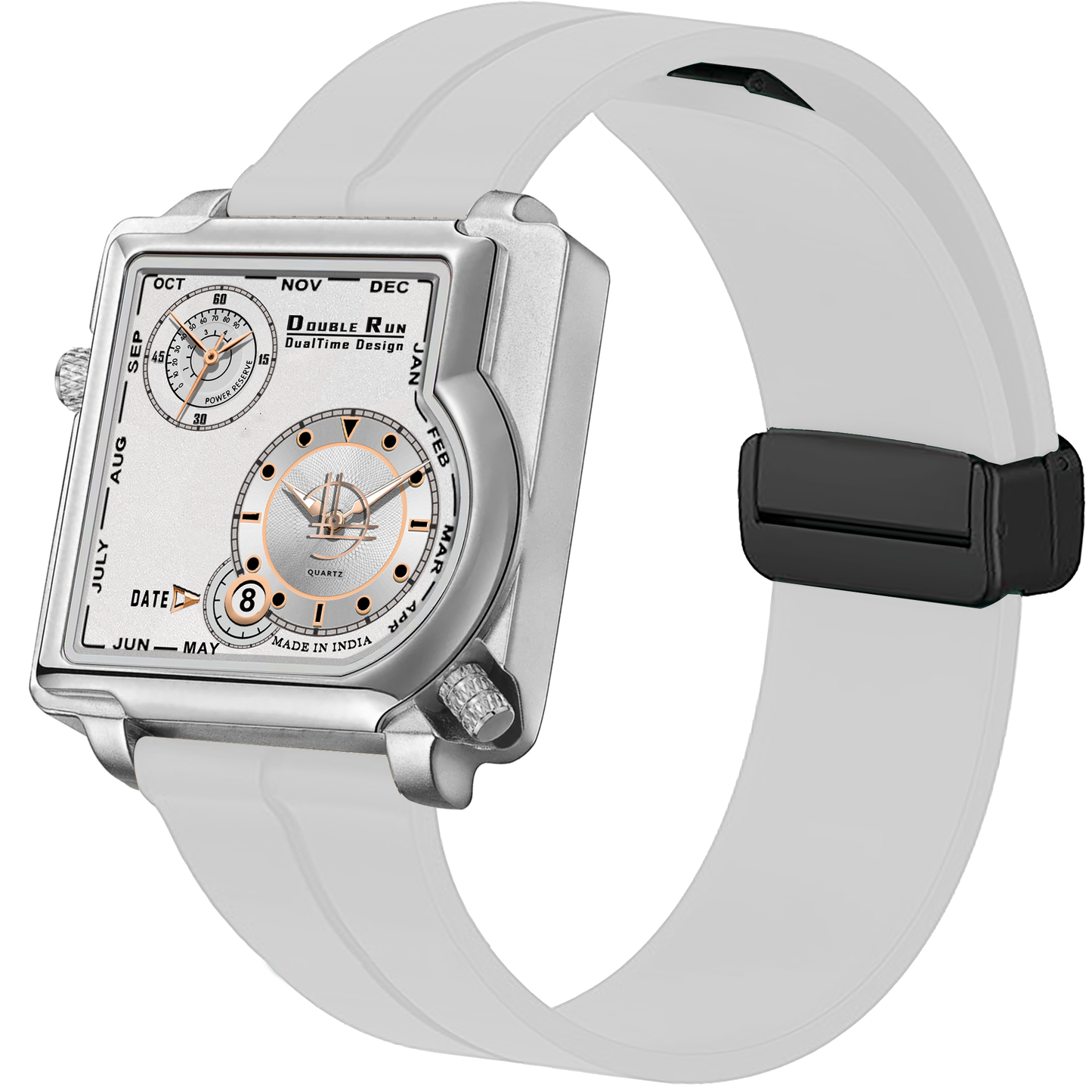 Double Run Dual Time White Strap Watches For Men | Pure White Dial & Strap