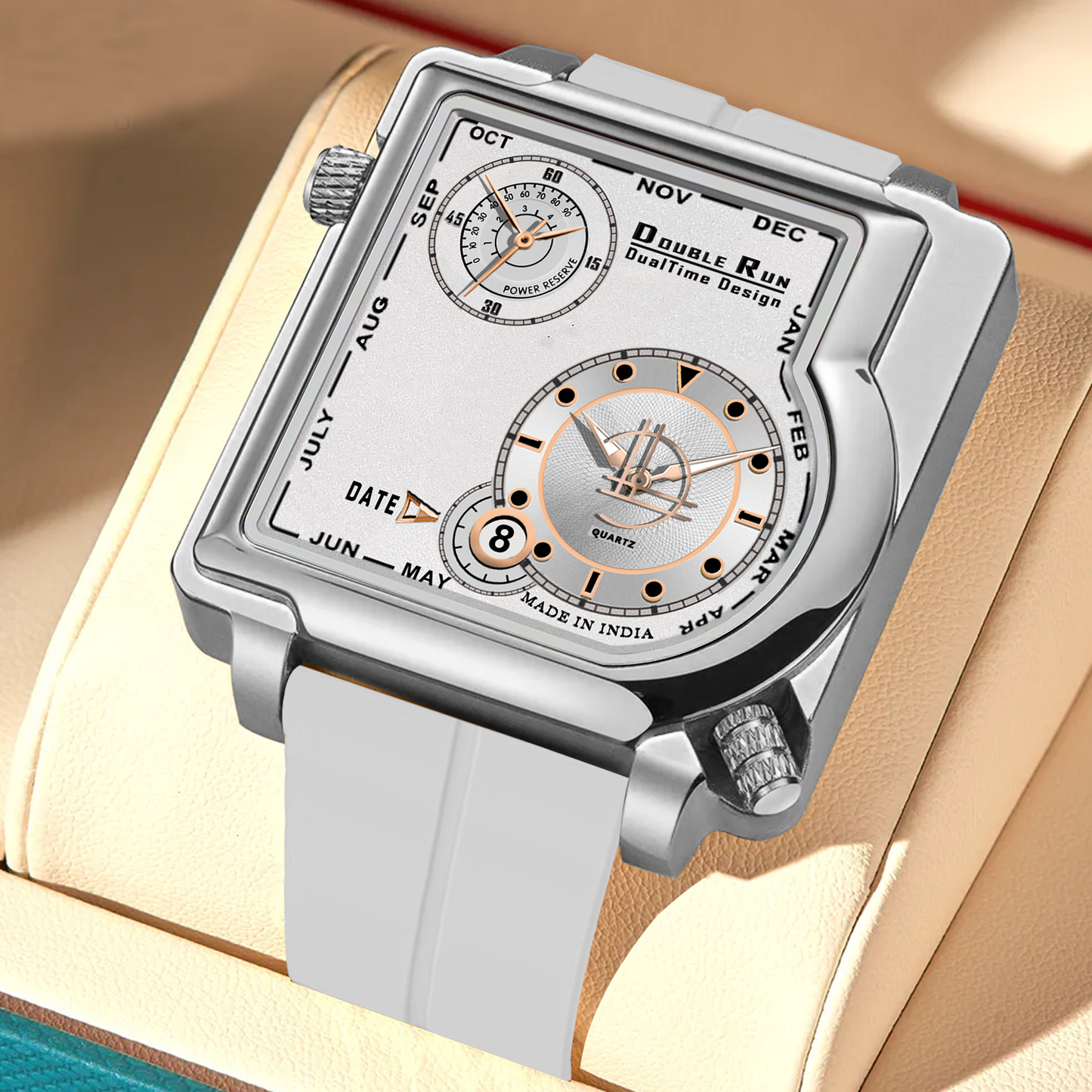 Double Run Dual Time White Strap Watches For Men | Pure White Dial & Strap