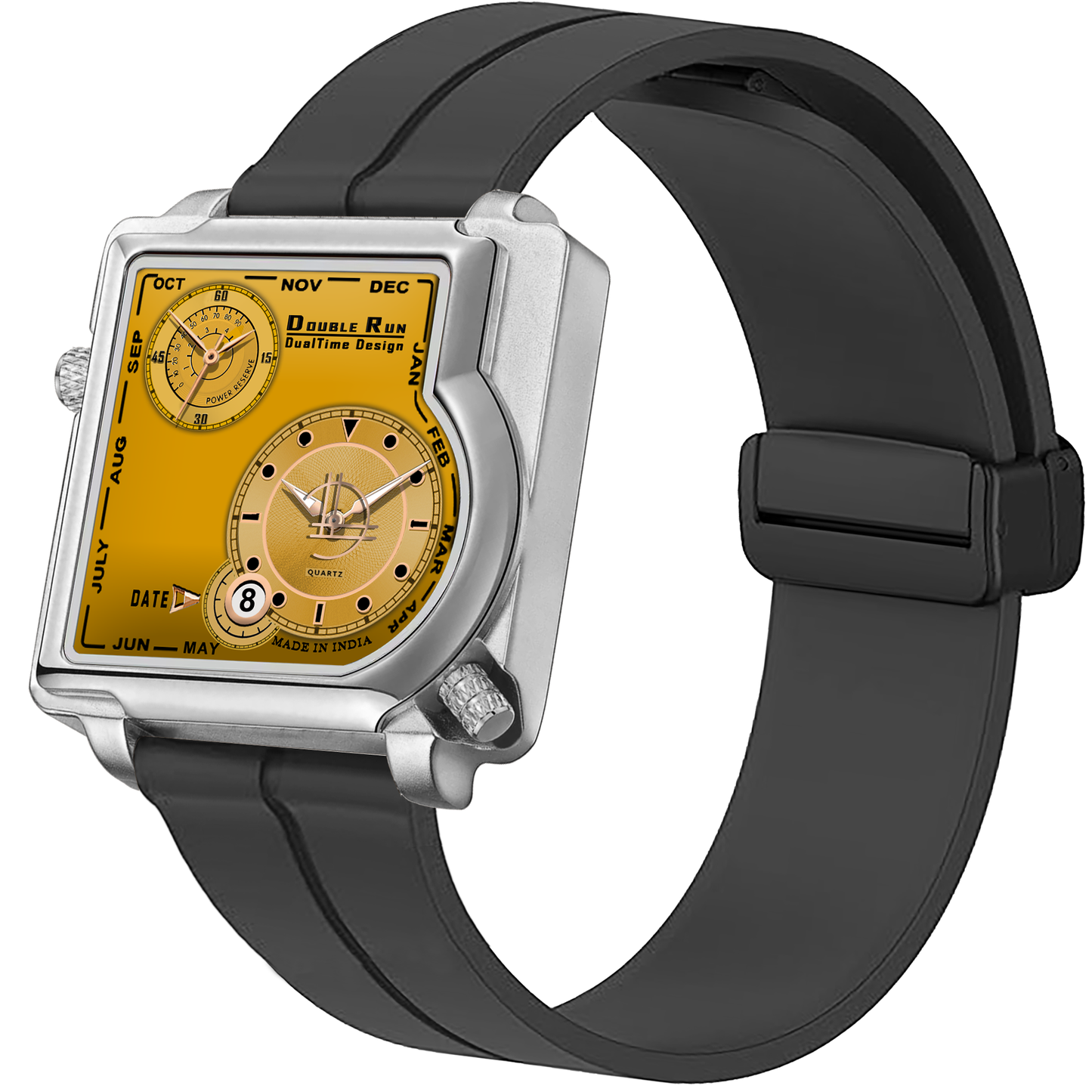 Black strap square dial wristwatch with dual time display and golden face – front view.