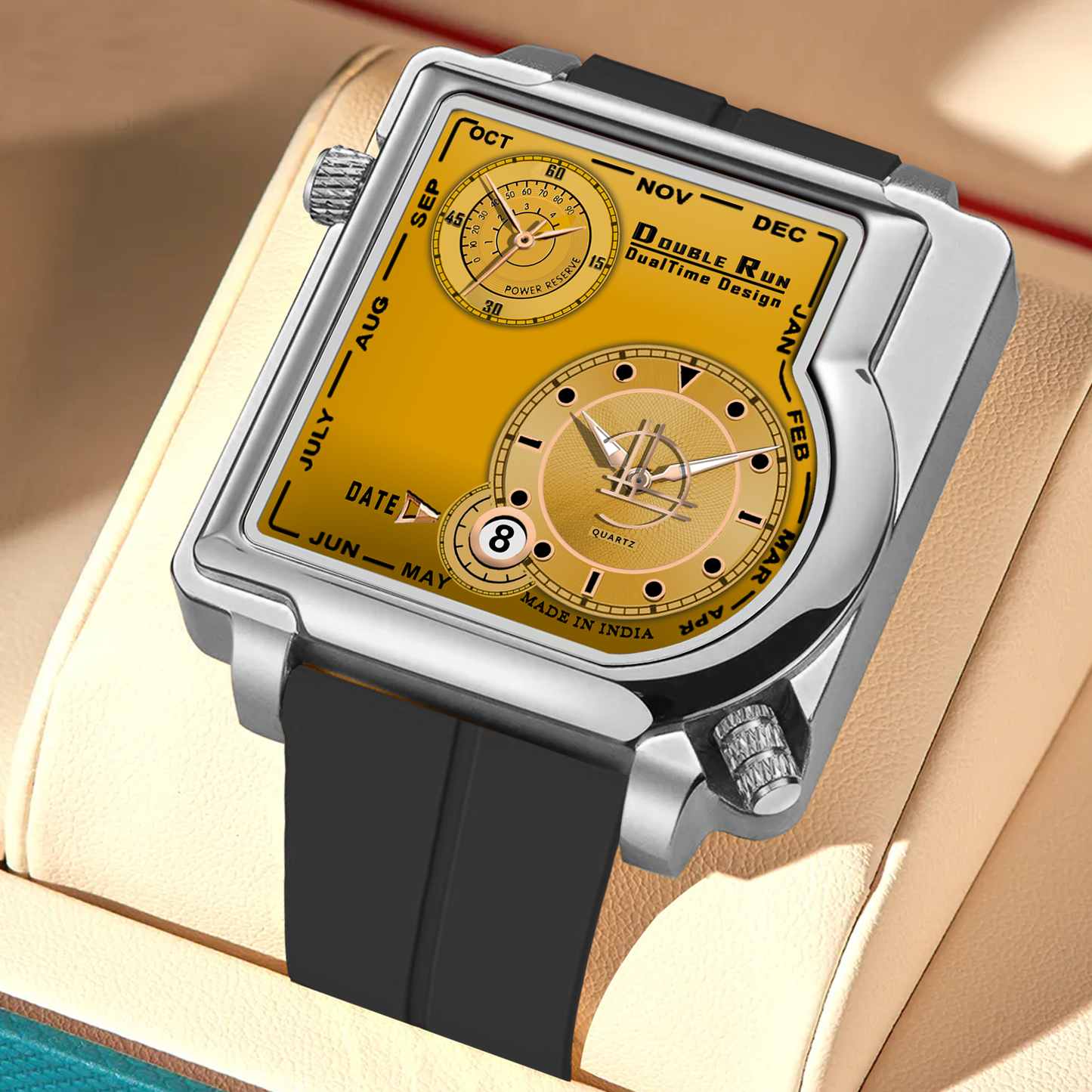 Stylish square dial watch with golden face, dual dials, and black rubber strap – angled side perspective.