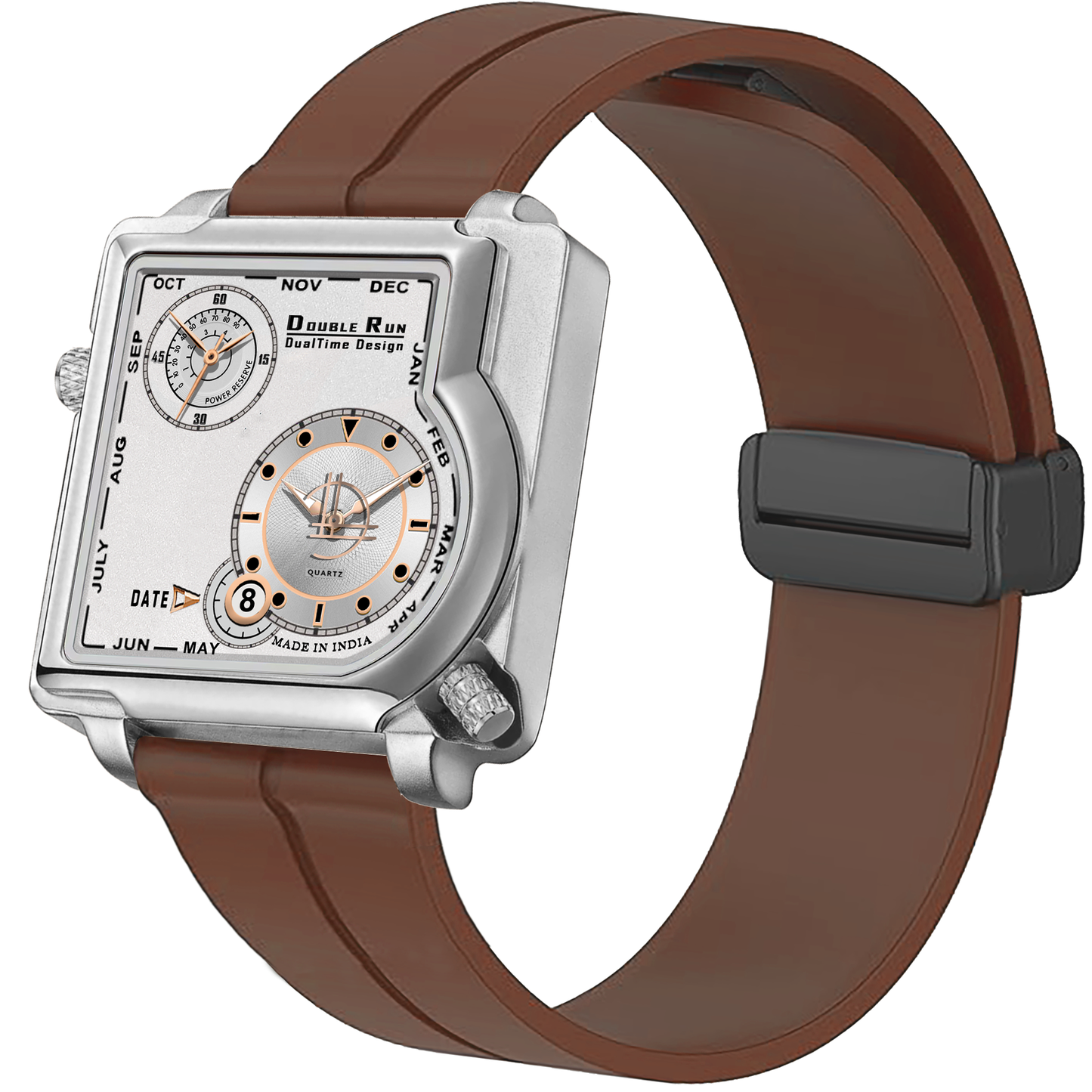Double Run DualTime: Brown Strap White Dial Watch