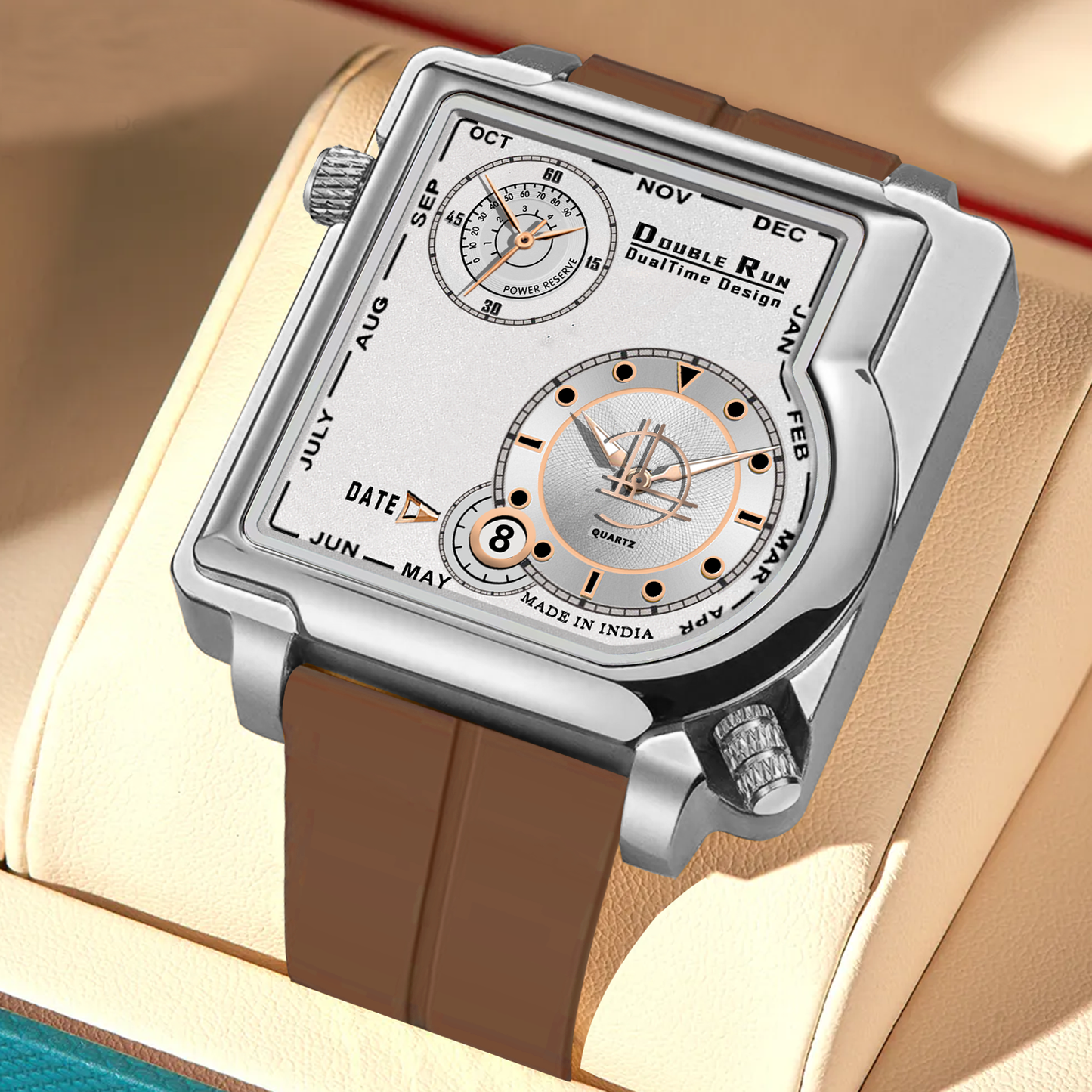Double Run Brown Strap White Dial Watch for Men – Dual Time Design with Calendar and Date Display
