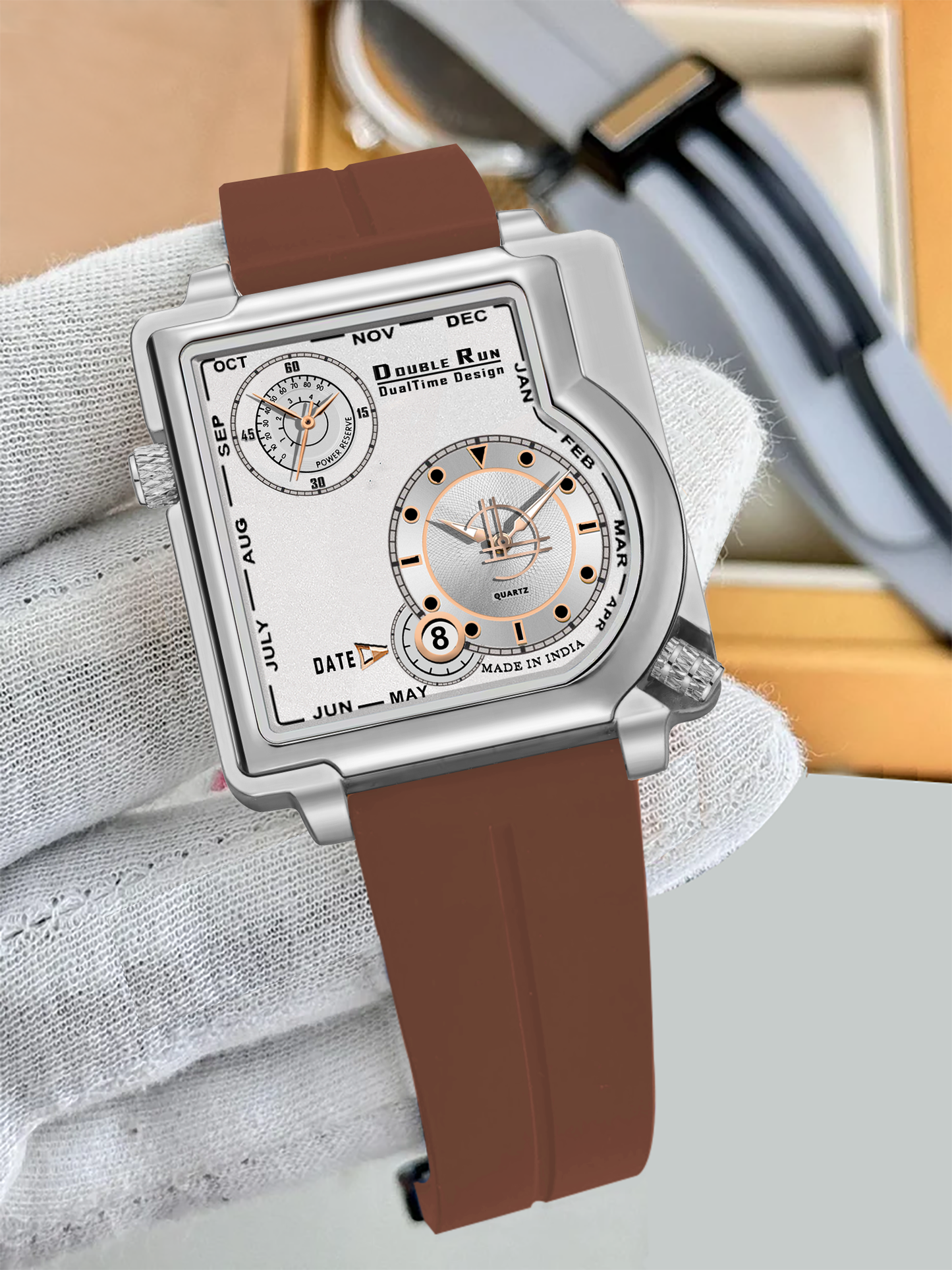 Double Run DualTime: Brown Strap White Dial Watch