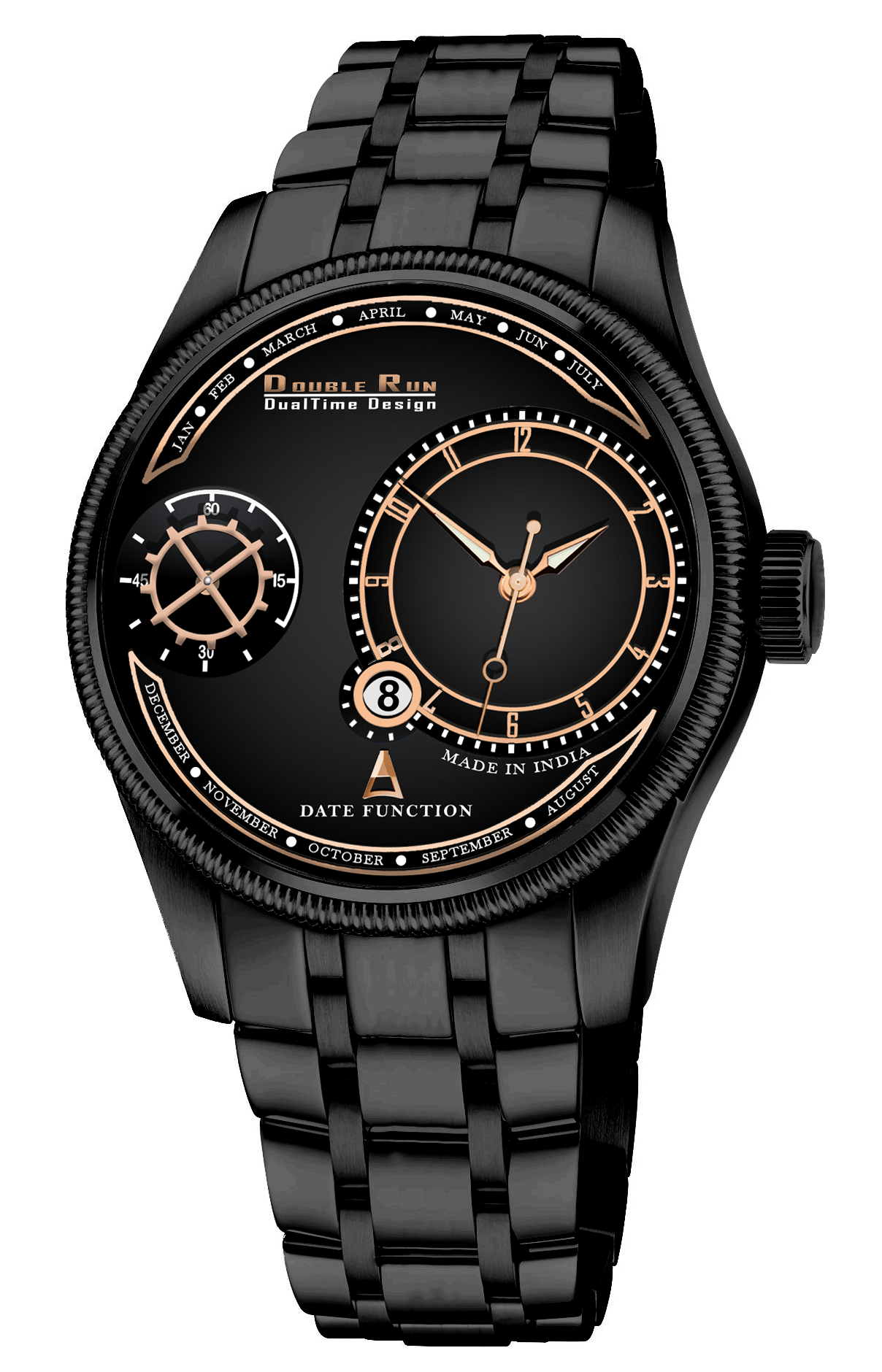 Double Run DualTime Black Men's Analog Watch with Rose Gold Accents & Calendar Display