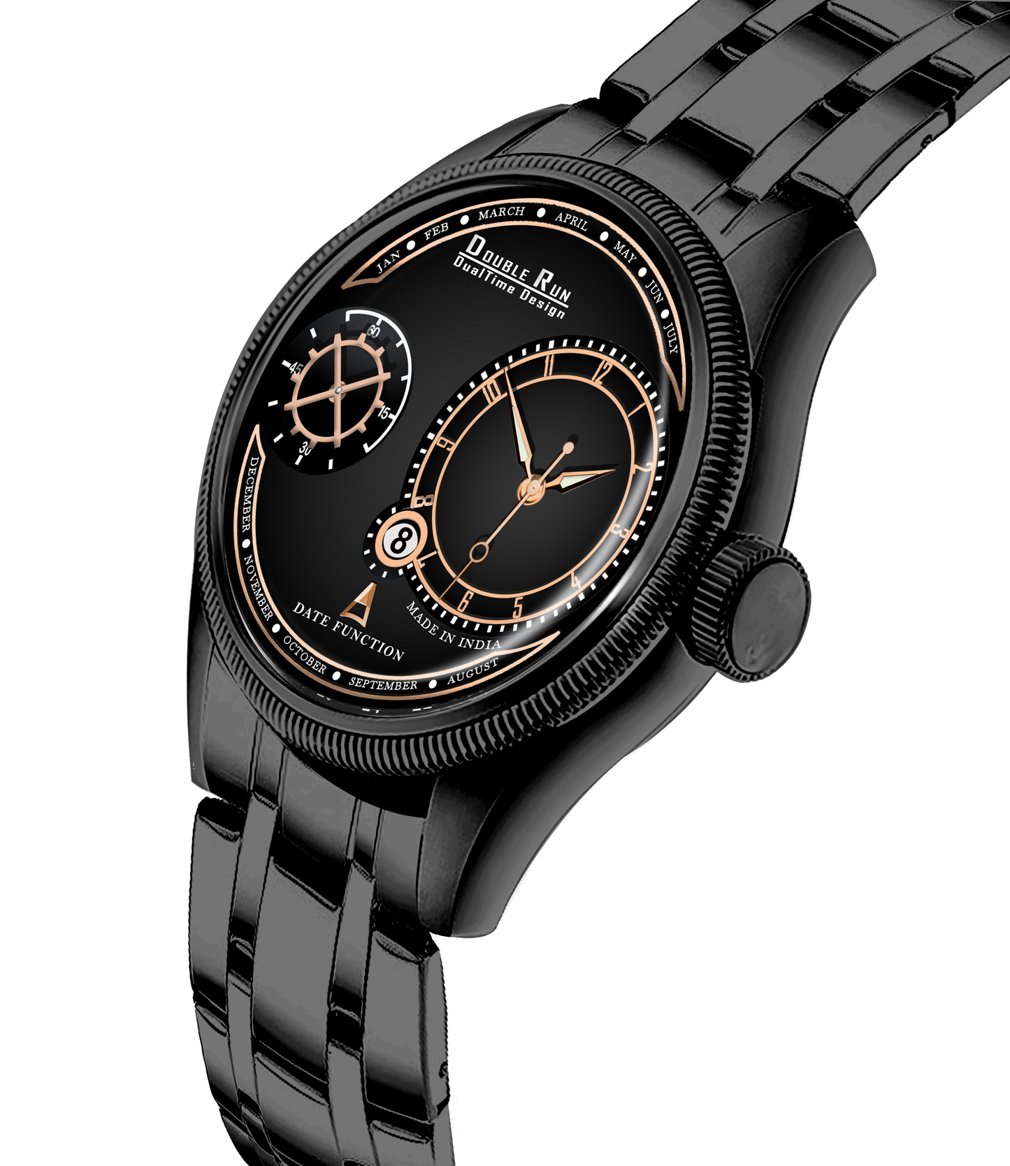 Double Run DualTime Black Men's Analog Watch with Rose Gold Accents & Calendar Display