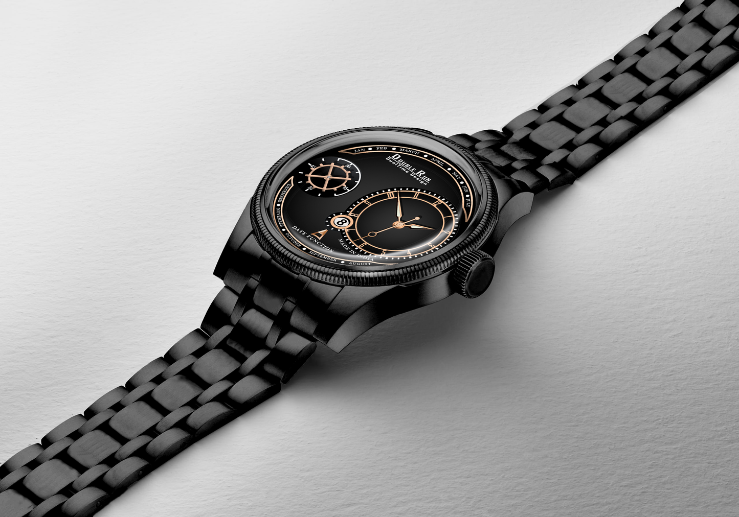 Double Run DualTime Black Men's Analog Watch with Rose Gold Accents & Calendar Display