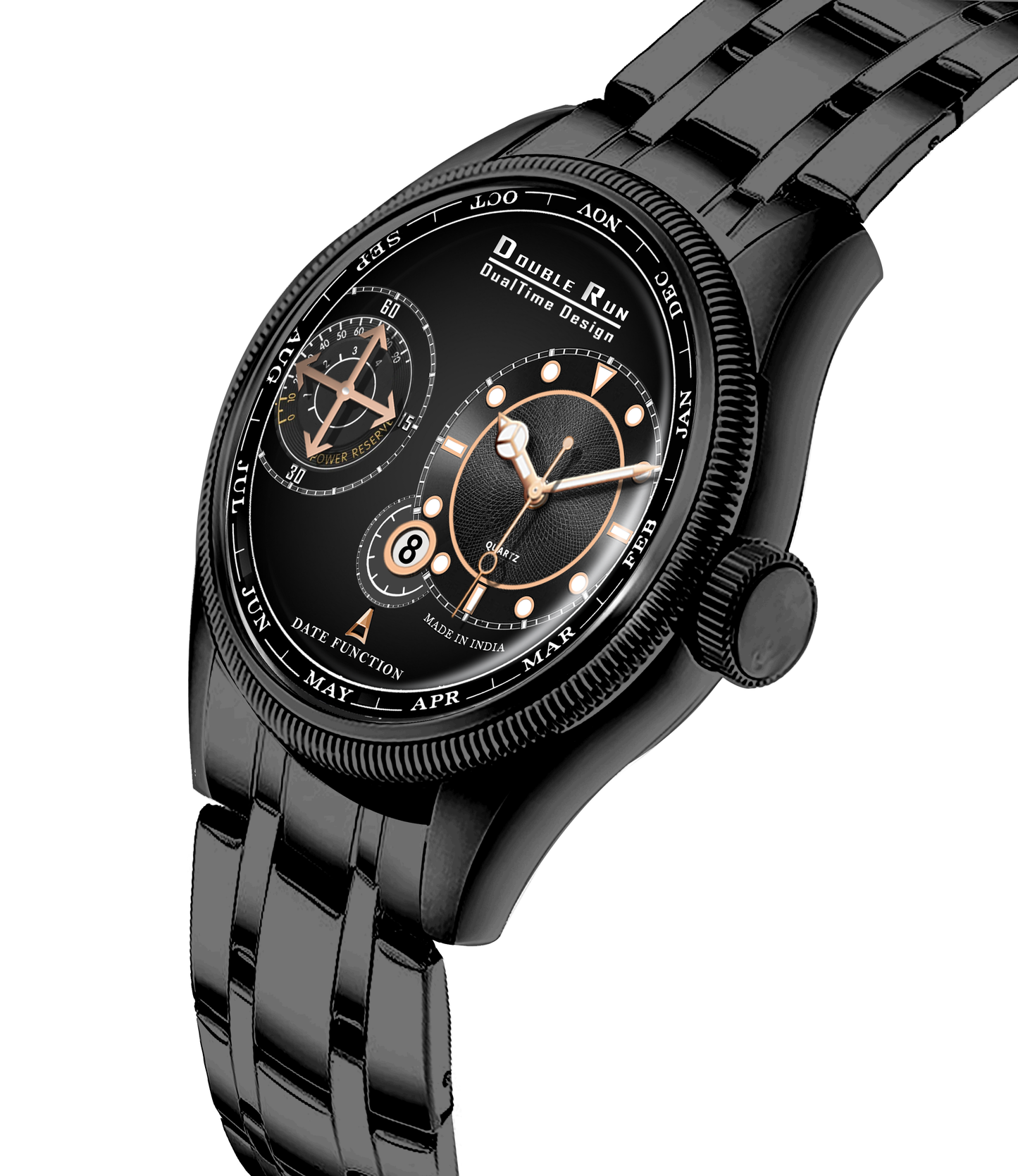 Double Run DualTime Black Men's Analog Watch with Date & Power Reserve Indicator