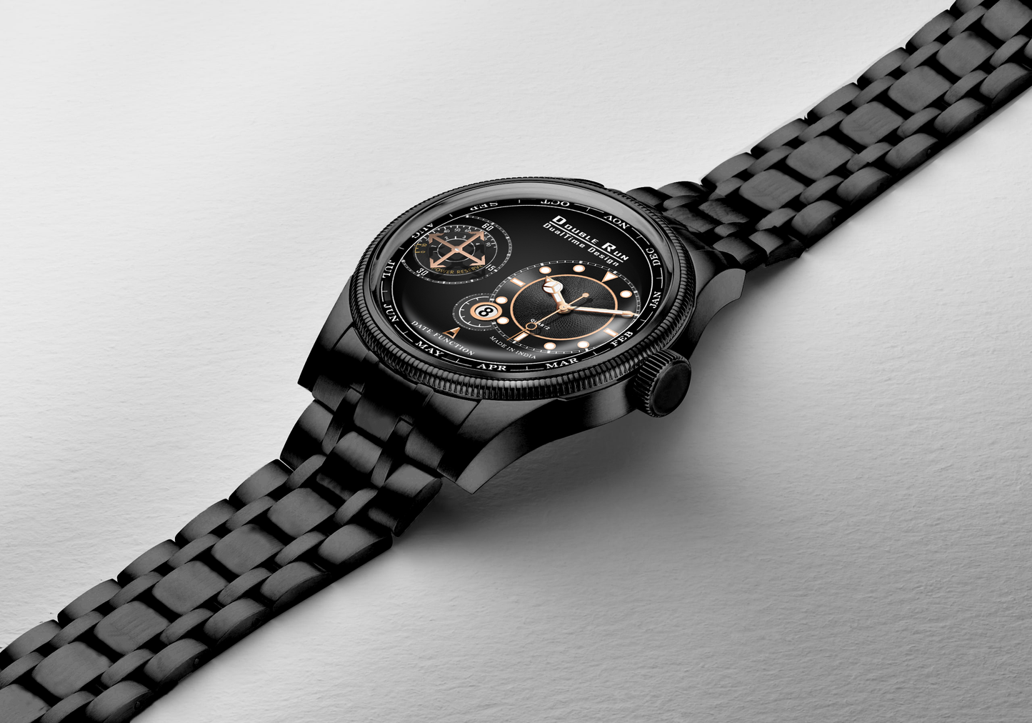 Double Run DualTime Black Men's Analog Watch with Date & Power Reserve Indicator