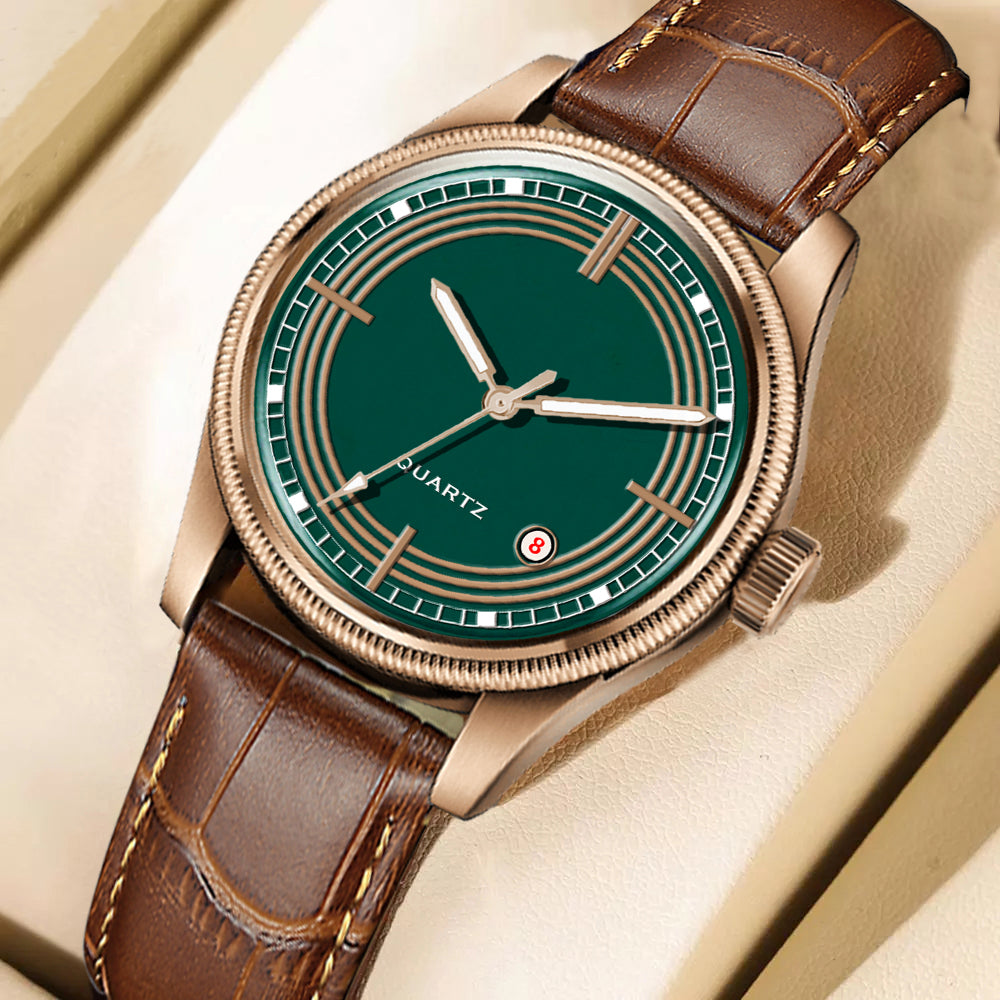 Men's Vintage Inspired Quartz Dress Watch | Emerald Green Dial, Rose Gold Tone Case, and Brown Crocodile-Style Leather Strap