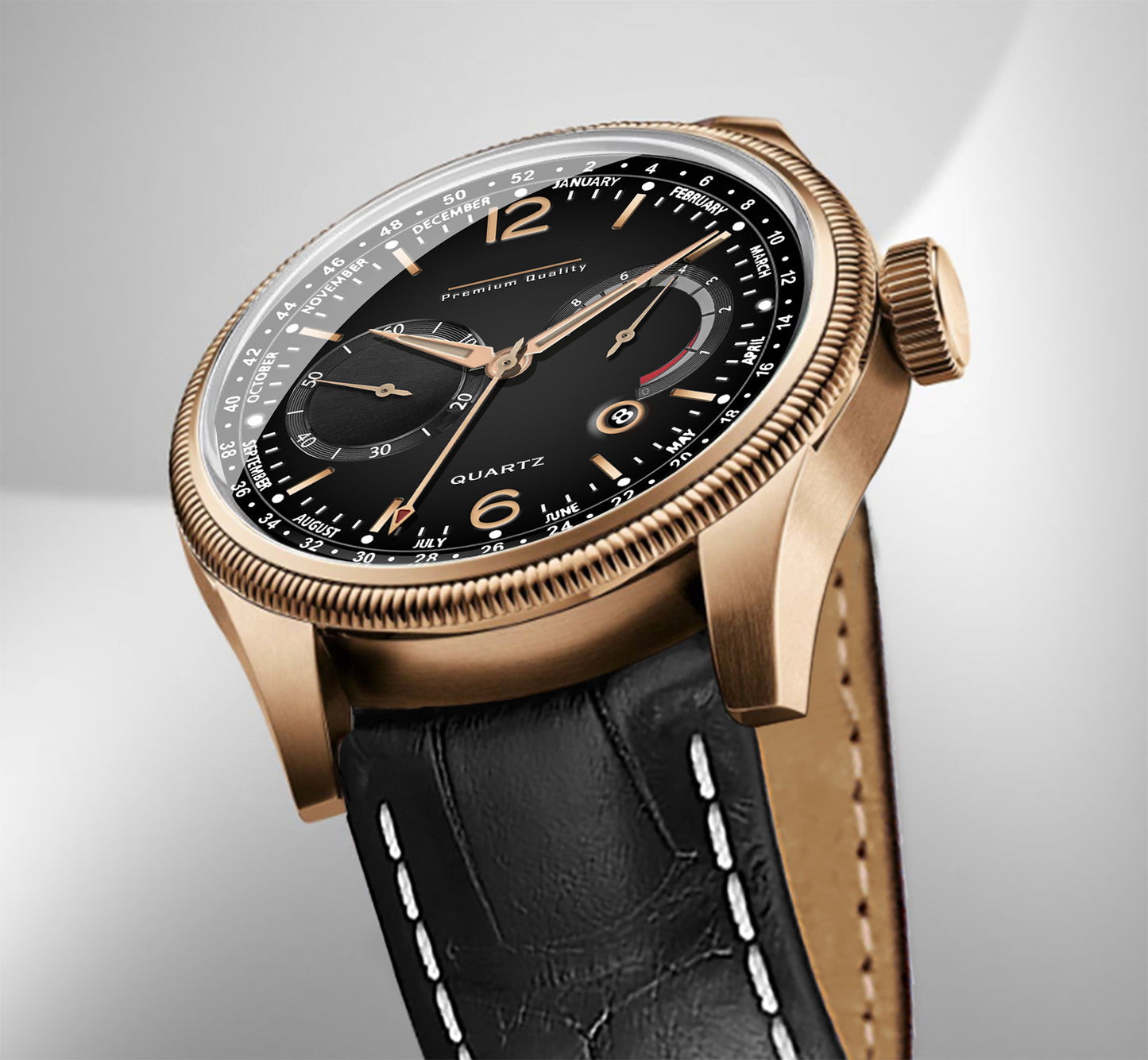 Men's Grand Multifunction Calendar Watch | Rose Gold Case, Classic Black Dial, and Black Alligator-Style Strap