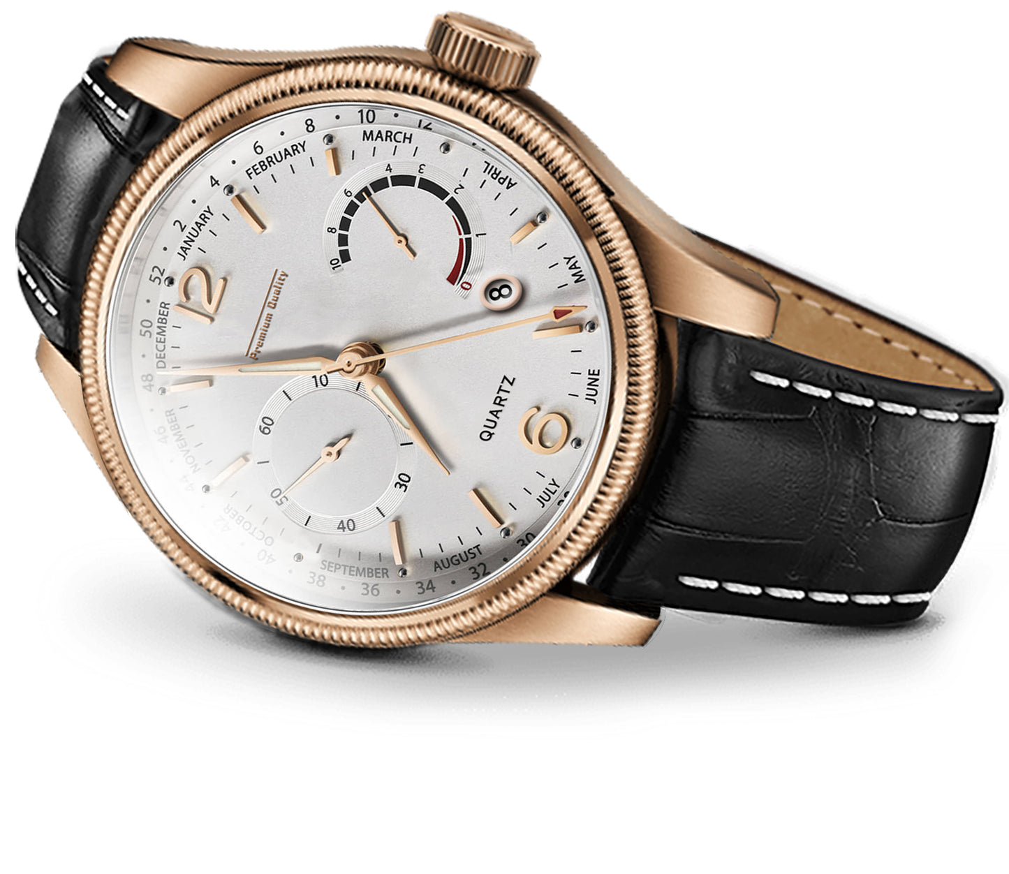Men's Premium Multifunction Calendar Watch | Rose Gold Case, Classic White Dial, and Black Alligator-Style Strap