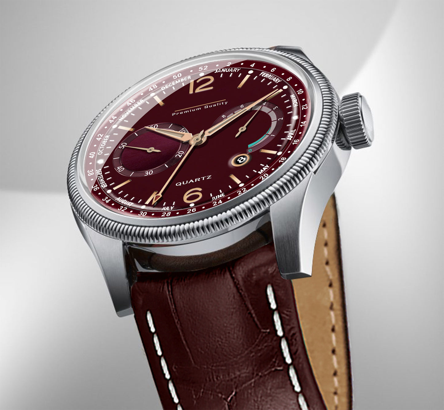 Men's Premium Multifunction Calendar Watch | Silver Case, Rich Burgundy Dial, and Brown Alligator-Style Strap