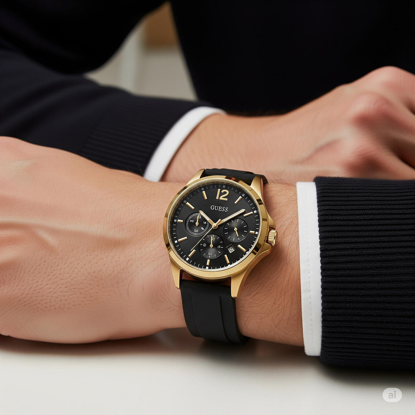 Guess Men's Gold-Tone and Black Silicone Strap Watch