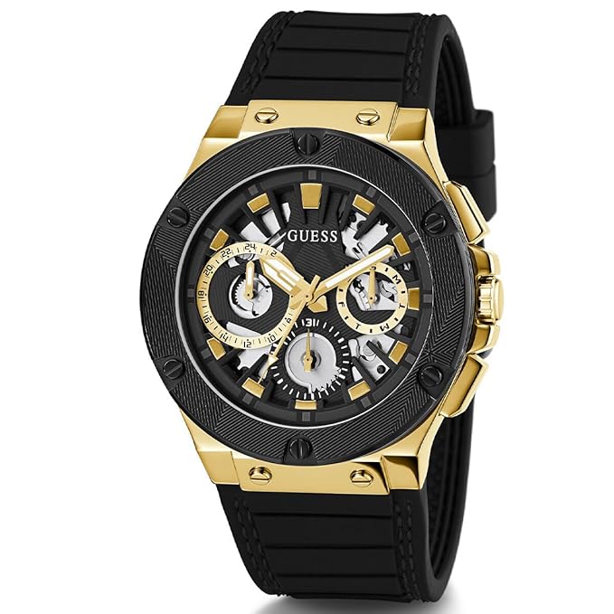 Guess Men's Gold-Tone and Black Silicone Strap Watch