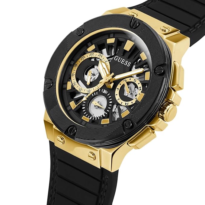 Guess Men's Gold-Tone and Black Silicone Strap Watch