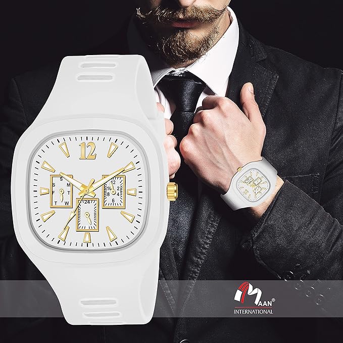 International White Square Dial Watch with Gold-Tone Accents and Silicone Strap
