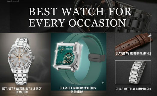 Best Watch for Every Occasion – collage showing luxury wristwatches including classic, modern, and stainless steel designs with captions highlighting classic vs modern watches and strap material comparison.