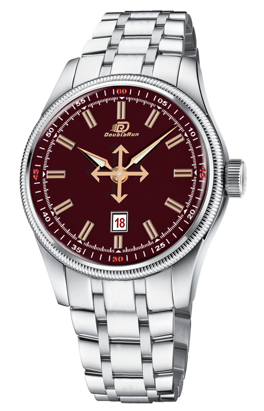 Double Run Classic Maroon Dial Men's Analog Watch with Date Display & Stainless Steel Strap