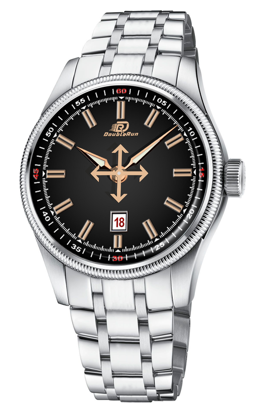 Double Run Classic Black Dial Men's Analog Watch with Date Display & Stainless Steel Strap