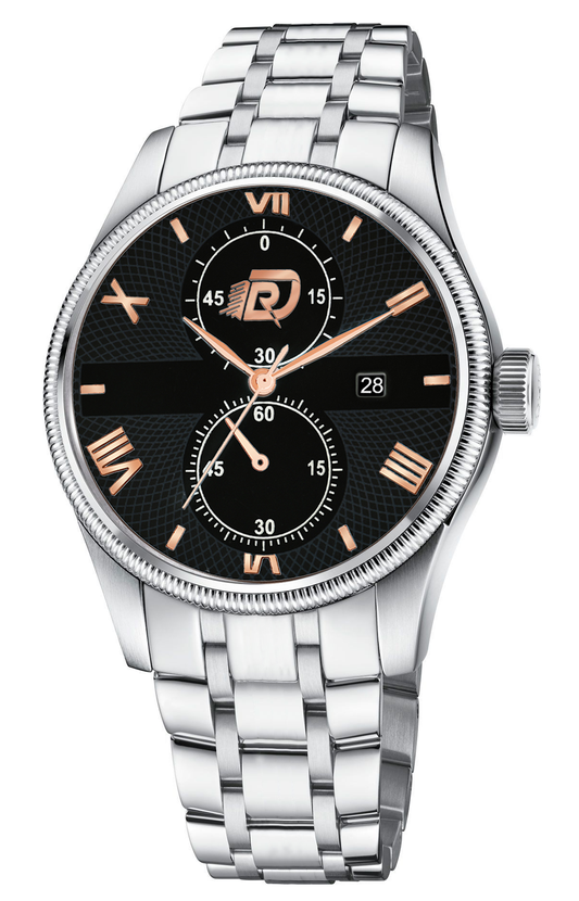 Elegant Black Dial Stainless Steel Watch with silver bracelet, rose gold Roman numerals, sub-dials, and date display – premium men’s wristwatch.