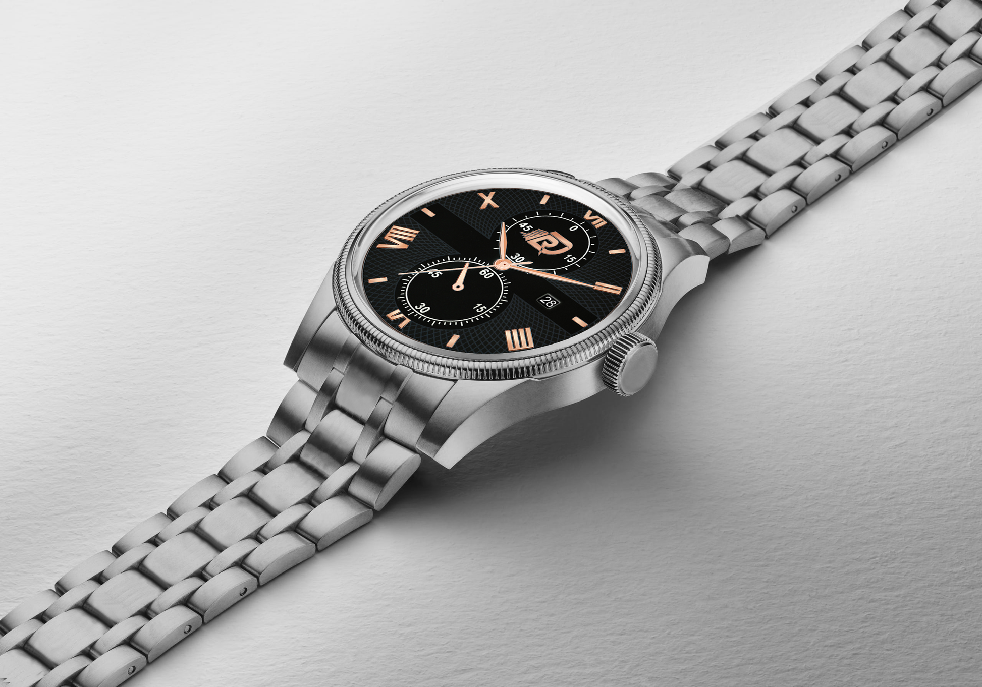 Elegant Black Dial Stainless Steel Watch with silver bracelet, rose gold Roman numerals, sub-dials, and date display – premium men’s wristwatch.