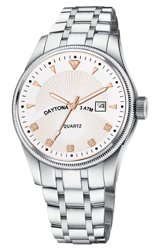 Daytona White & Silver Men's Analog Watch with Gem & Rose Gold Accents