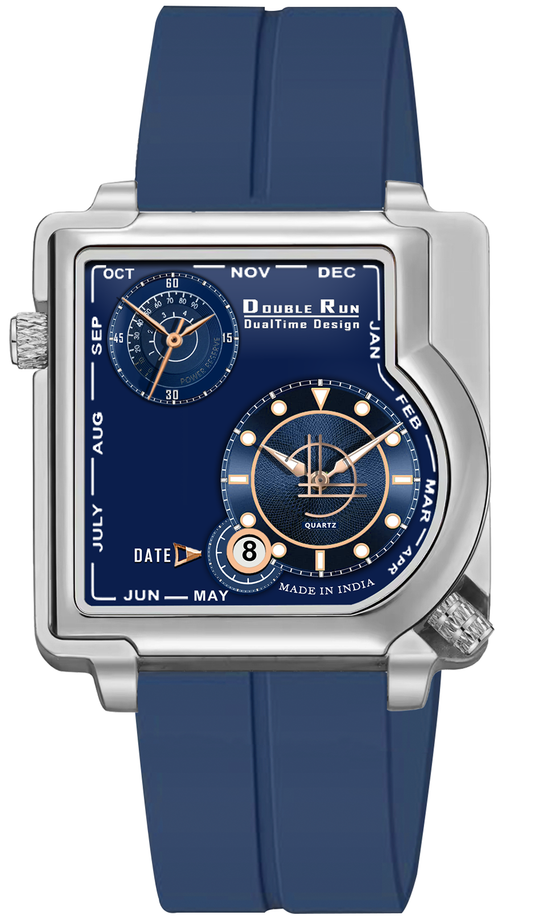 Luxury Double Run DualTime square dial blue wristwatch held by a gloved hand with strap visible.