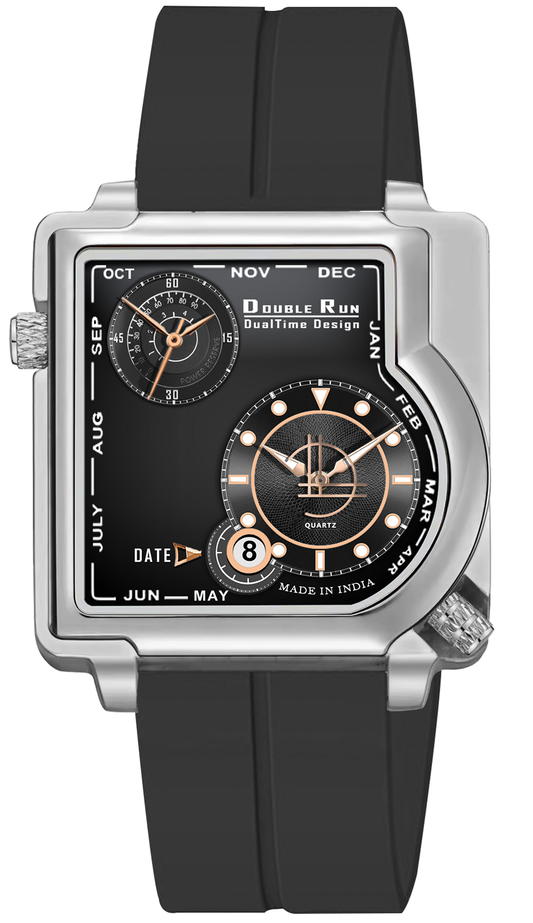 "Double Run DualTime Square Dial Men's Analog Wristwatch with Black Strap, Dual Time Display, Date Feature, and Power Reserve."