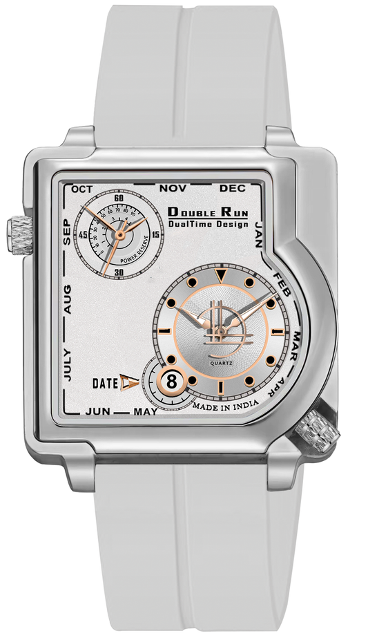 Double Run DualTime white strap watch for men with square dial, dual time zone display, and calendar features.
