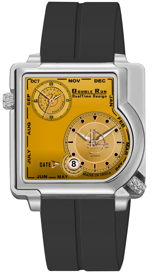 Luxury square dial golden watch with dual time feature on black strap displayed in a leather watch box.