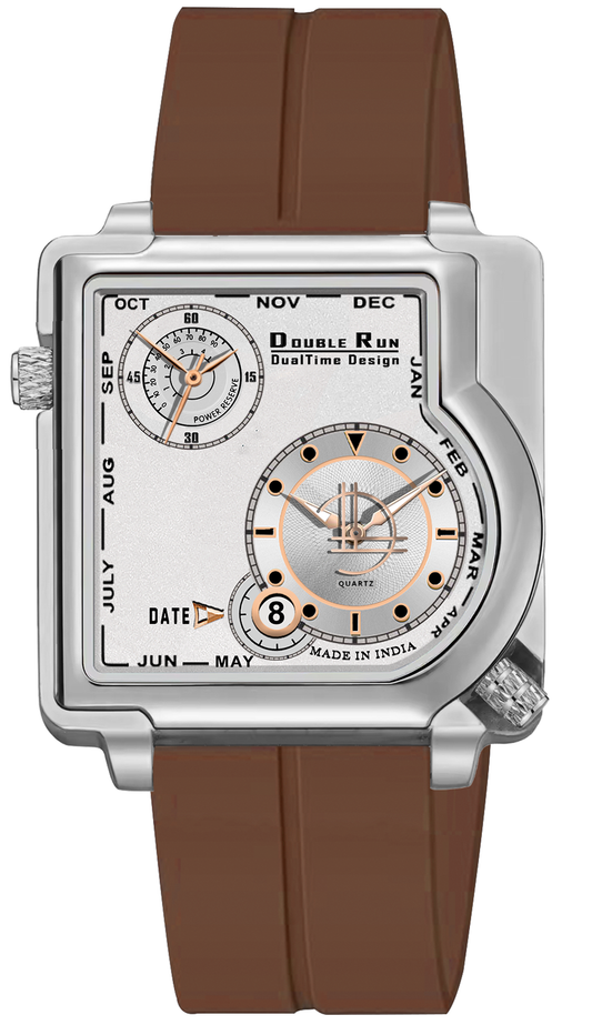 Double Run DualTime: Brown Strap White Dial Watch