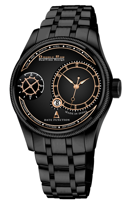 Double Run DualTime Black Men's Analog Watch with Rose Gold Accents & Calendar Display