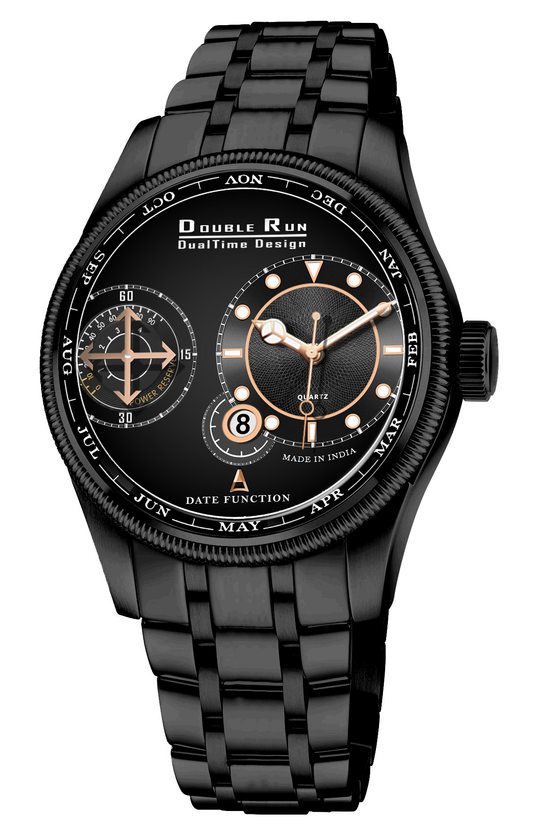 Double Run DualTime Black Men's Analog Watch with Date & Power Reserve Indicator