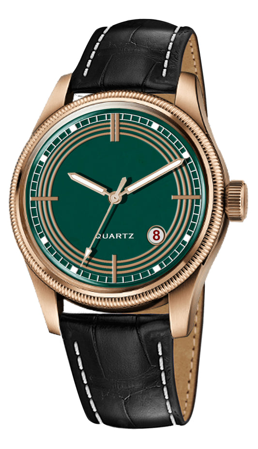 Men's Vintage Inspired Quartz Dress Watch | Emerald Green Dial, Rose Gold Tone Case, and Black Leather Strap