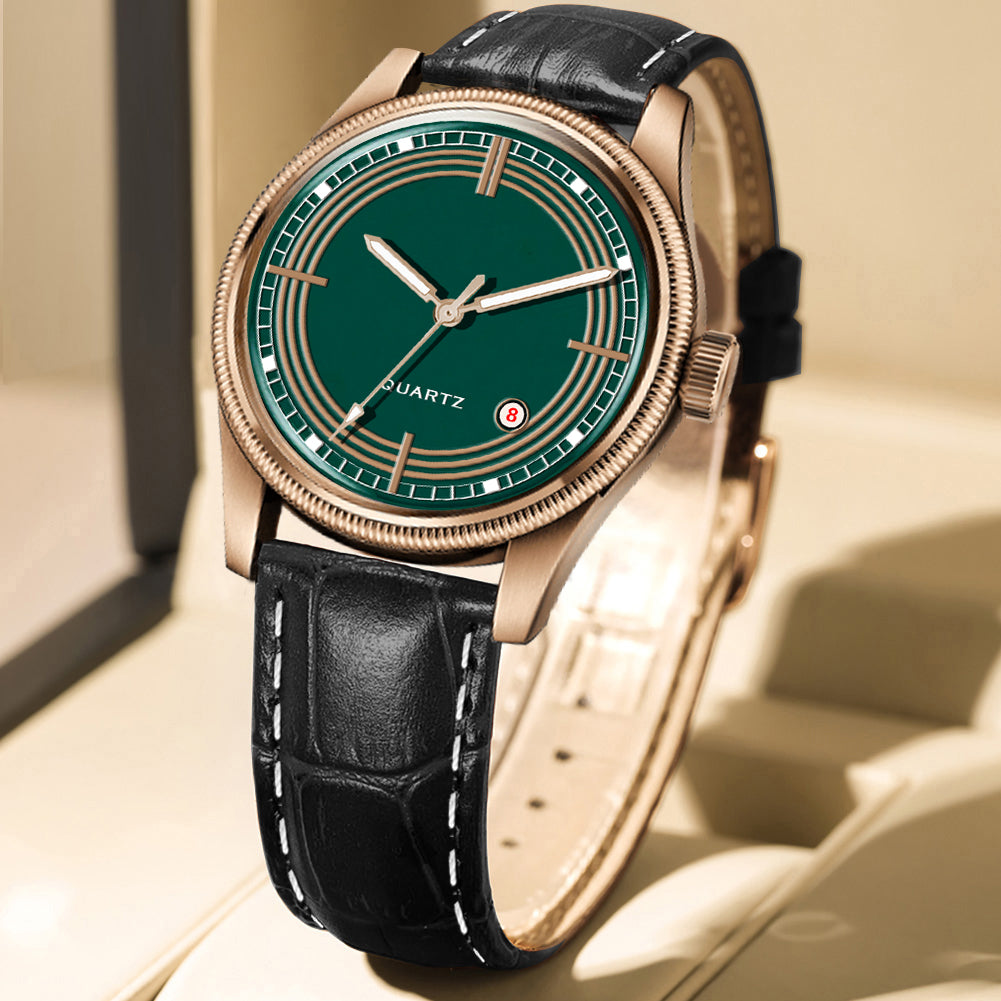 Men's Vintage Inspired Quartz Dress Watch | Emerald Green Dial, Rose Gold Tone Case, and Black Leather Strap