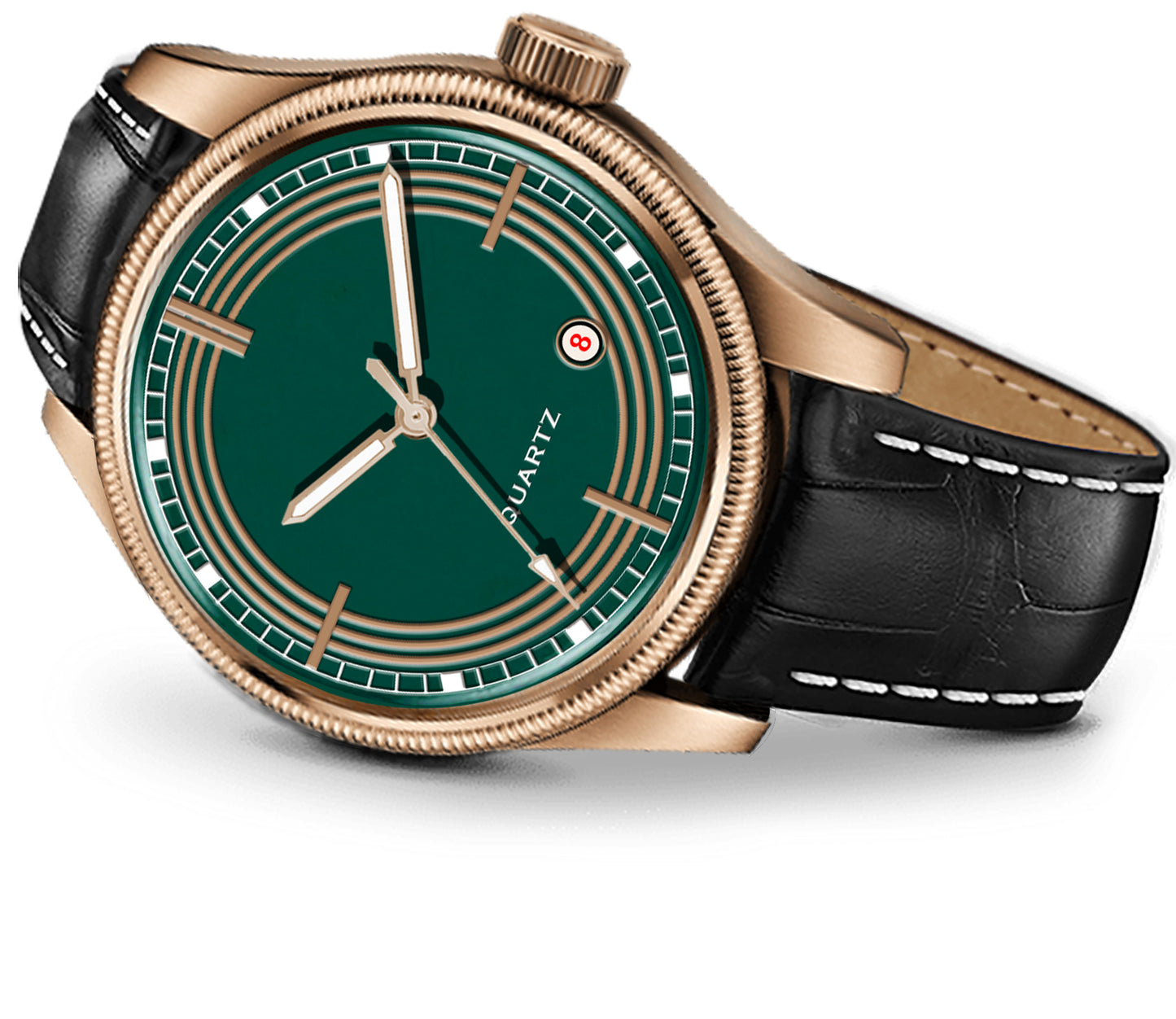 Men's Vintage Inspired Quartz Dress Watch | Emerald Green Dial, Rose Gold Tone Case, and Black Leather Strap