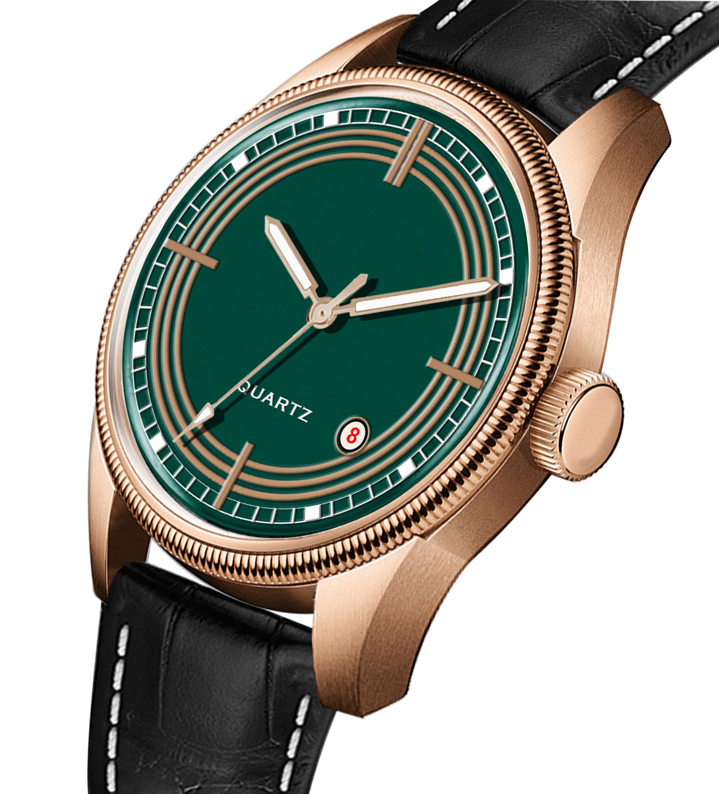 Men's Vintage Inspired Quartz Dress Watch | Emerald Green Dial, Rose Gold Tone Case, and Black Leather Strap
