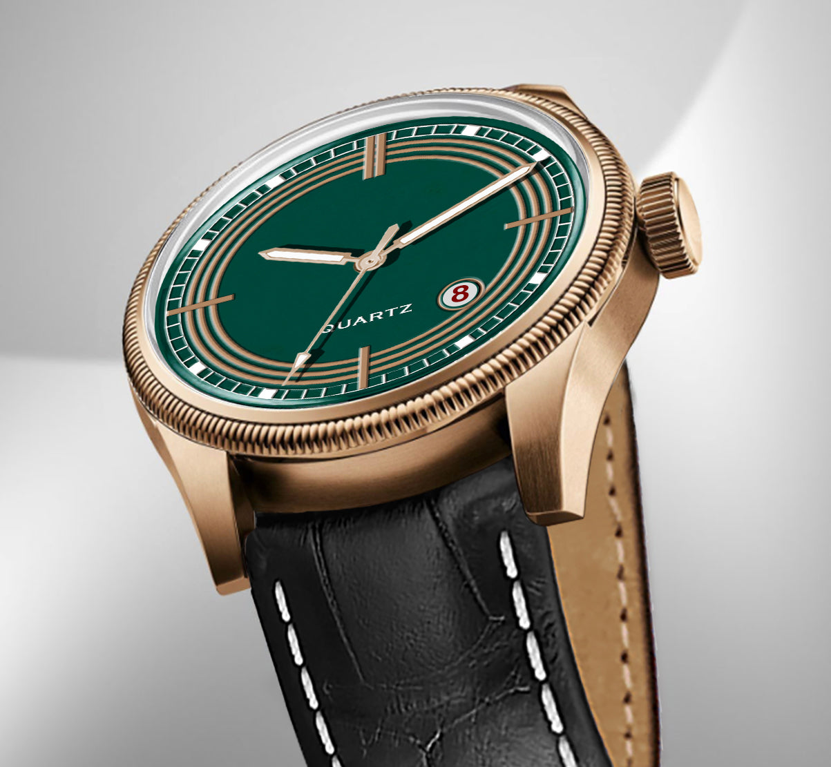Men's Vintage Inspired Quartz Dress Watch | Emerald Green Dial, Rose Gold Tone Case, and Black Leather Strap