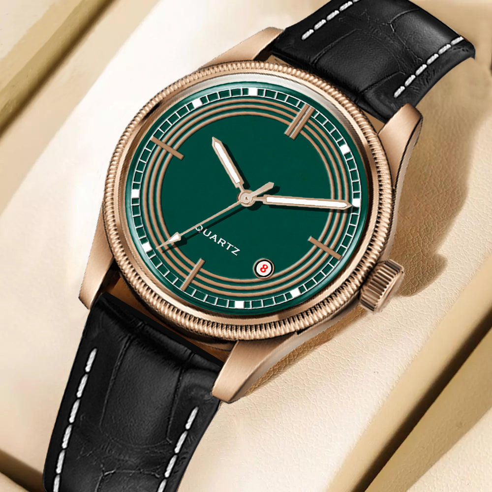 Men's Vintage Inspired Quartz Dress Watch | Emerald Green Dial, Rose Gold Tone Case, and Black Leather Strap