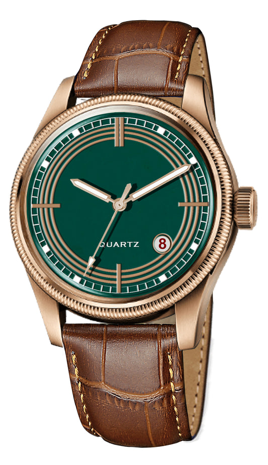 Men's Vintage Inspired Quartz Dress Watch | Emerald Green Dial, Rose Gold Tone Case, and Brown Crocodile-Style Leather Strap
